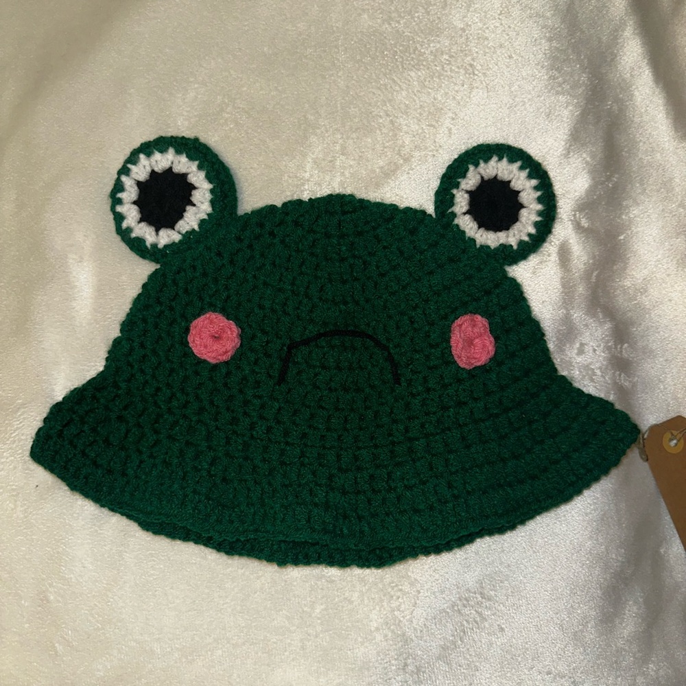 Handmade crochet froggy bucket hat - sad